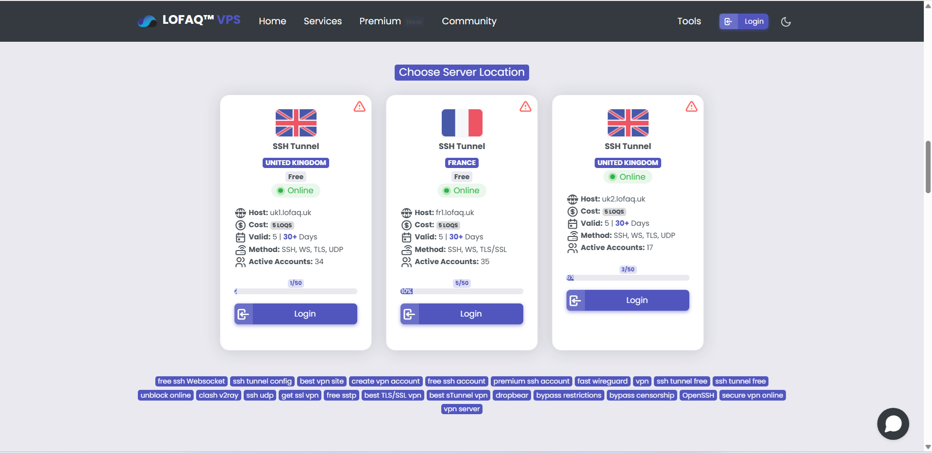 Choose a server to create SSH tunnel accounts on LOFAQ.